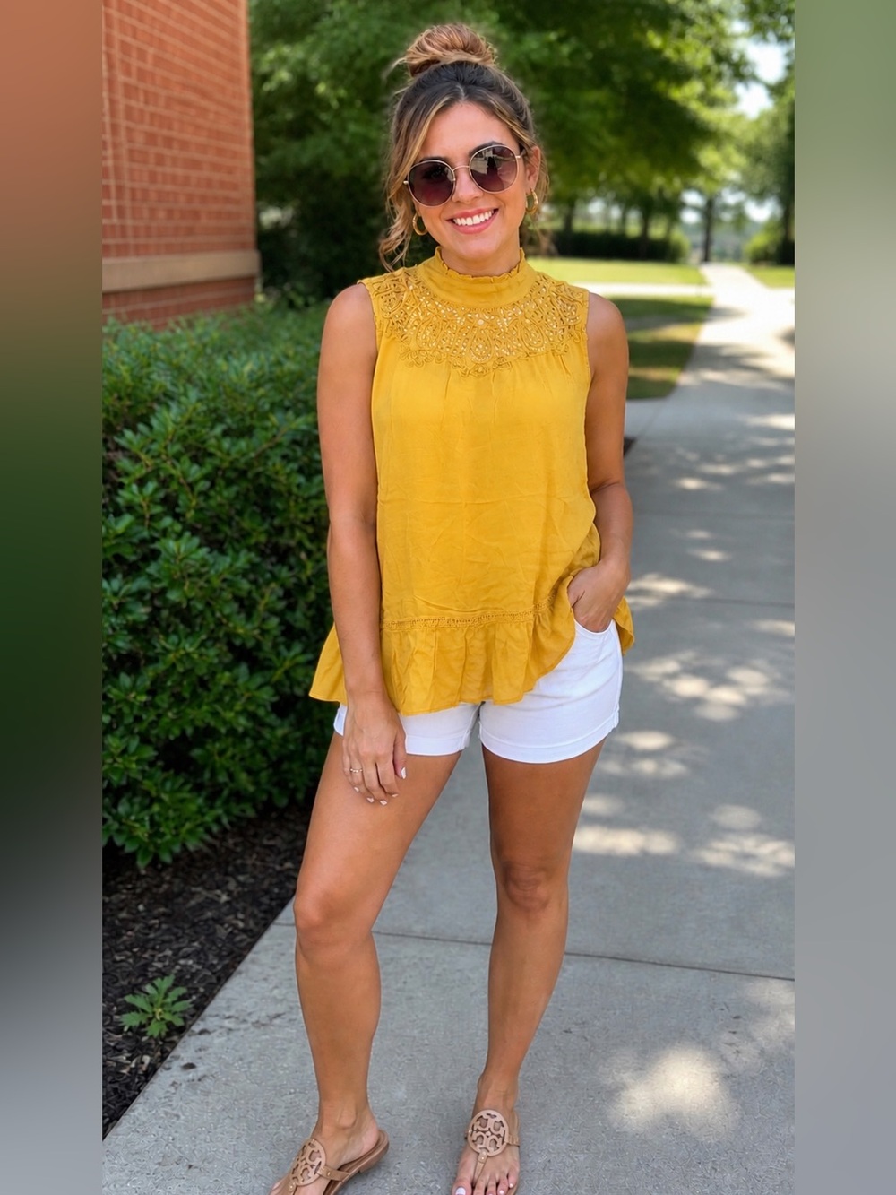 Sleeveless Mustard Crochet Yoke Ruffle Hem Camisole